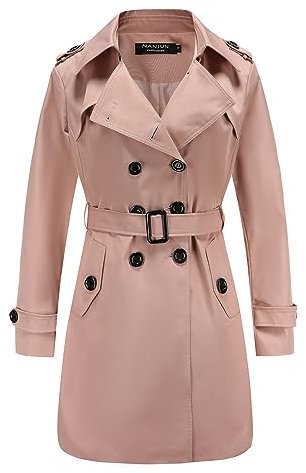 NANJUN Trench à double boutonnage pour femme - Manteau classique à revers - Imperméable - Avec boucle de ceinture, rose, 16