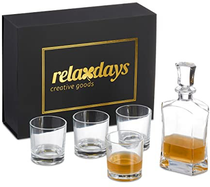 Relaxdays Whisky Set, 5-teilig, Whiskykaraffe 700 ml, 4 Whiskygläser 345 ml, Geschenkbox, Cognac Dekanter, transparent