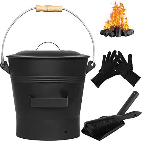 Kamin-Ascheeimer mit Deckelschaufel, Handbesen und Handschuhe, 2.6 Gallonen Holzkohle-Feuerstellen, Brennöfen, Feuerstellen, Aschedosenreinigungswerkzeuge