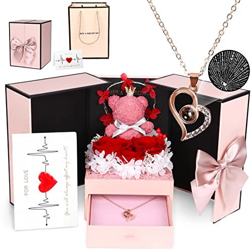 Amycute Rosa Eterna Confezione Regalo, Rosa Stabilizzata Vera con Collana e Orso Rosa Regalo per Mamma, Regalo per la Festa della Mamma, San Valentino, Anniversario