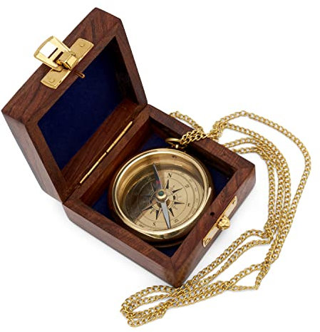 NKlaus Maritim 6cm Kompass Ankergravur mit Kette in der Holzbox aus Messing Gold 11670
