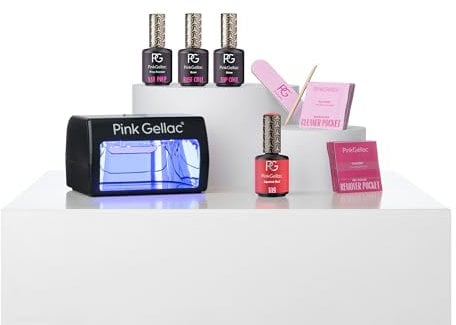 Pink Gellac Dashing Glace Gelnägel Starterset mit LED-Lampe Schwarz - 1 Nude Farbe 15 ml - Top Coat Gel UV und Base Coat - Shellac Entferner und Cleaner - UV Nagellack Set mit Nail Prep