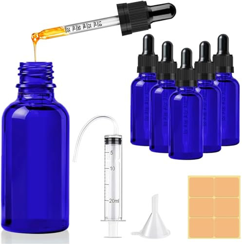 CoKeeSun 30ml Glass Dropper Bottle, 5 Pcs Blue Dropper Bottles with Pipettes, Reusable Glass Bottle Set with Funnel Needle Syringe Catheter Stickers for Hair Oil perfumes Cosmetics Storage