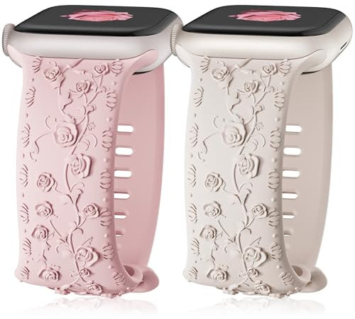 Engraved Strap for Apple Watch Straps 45mm 44mm 42mm 49mm 40mm 41mm 38mm iwatch Strap Women, Soft Silicone Rose Floral Pattern Band for Apple Watch Series 9 Strap Ultra/2 8 7 6 5 4 3 2 1,SE