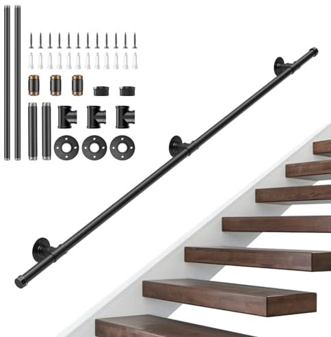 Main Courante pour Escaliers, SenDeluz 150cm Main Courante Escalier Intérieur Extérieur, Main Courante Antirouille Antidérapante avec Tuyau en Acier Galvanisé Industriel pour Escalier Jardin
