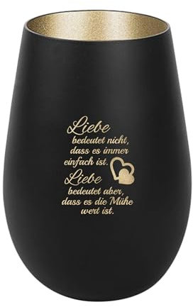 Der-Porzellan-Laden Windlicht mit Gravur Liebe bedeutet Nicht, Schwarz Gold, Teelichthalter aus Glas mit Spruch, Tischdeko modern