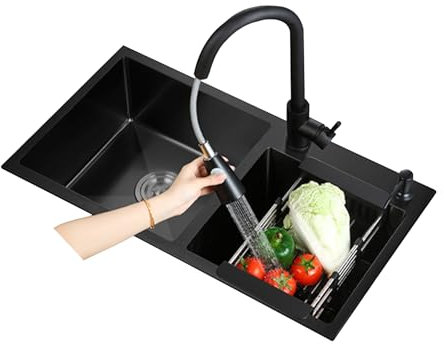Fregadero De Dos Senos De Acero Inoxidable Negro, Fregadero Sobre Encimera, Fregaderos de dos senos Fregadero Doble Cubeta(78X43cm/30.7X16.9in)