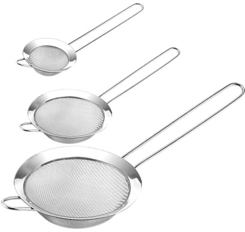 3 Pcs Fine Mesh Strainer With Handle, Small Medium Large Size Sifter Metal, Stainless Steel Sieve Strainers for Kitchen Rice Juice Quinoa Food Flour Baking(18cm,12cm,7cm)