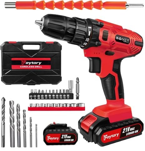 21V Cordless Drills with 29PCS Accessories Kit, Red 45Nm Max Hammer Drill Power Drill Driver w/1.5Ah Battery, 25+1 Torque Combi Drill LED Light for Home DIY, 10mm Keyless Chuck Forward Reverse Setting