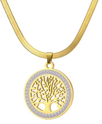 Dreamtimes Albero della vita collana per le donne in acciaio inox colore oro chiaro zircone rotondo ciondolo catene collo albero di famiglia moda fascino gioielli di lusso regalo di nozze (oro-2)