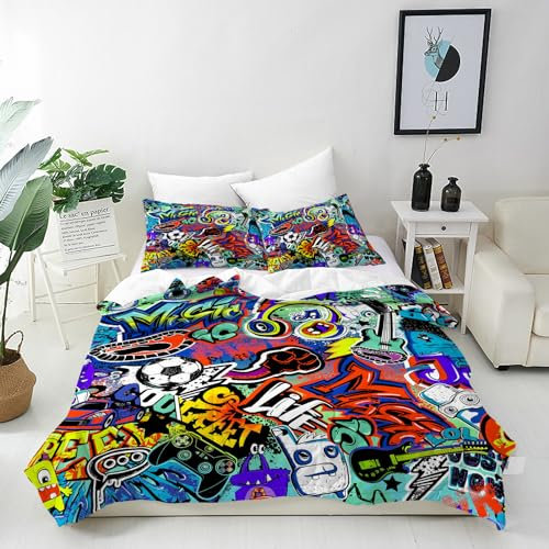 ANHOPE Monster Fußball Musik Graffiti Bettwäsche Set 3 Teilig Bettbezug 240x220 cm + 2 Kissenbezug 80x80 cm Weich Microfaser Bettbezüge Set mit Reißverschluss Bettdeckenbezug für Kinder Jungen Mädchen
