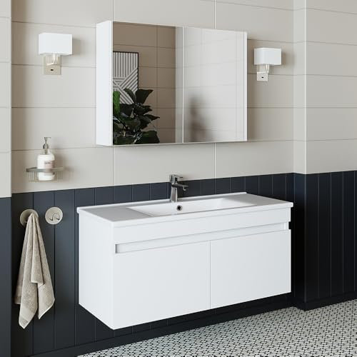 ROOMART • Badmöbel Set • Atria • 65 cm, 85 cm, 100 cm • Weiß • Waschbecken mit Unterschrank • Spiegelschrank • Hochschrank (Unterschrank mit Waschbecken + Spiegelschrank, 100 cm)