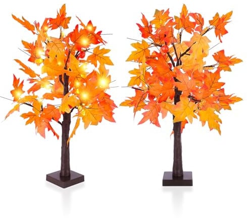 SHAVINGFUN 2 Pack Maple Leaf Light, 23-Inch Battery Operated Tabletop Autumn Tree for Home Festival Decoration, Orange Light, Artificial Fall Lighted Tree for Halloween Decor