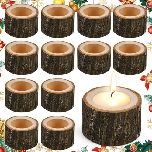 EMAGEREN 12 Stück Teelichthalter aus Holz personalisierbar Timber Pile Kerzenhalter Votiv- Flammenlose Kerzen Stehen Kerzenständer für Hochzeiten, Tischdekoration, Valentinstag (4CM)