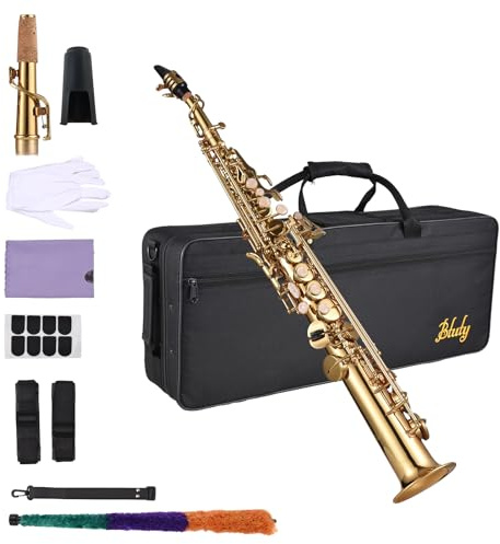 Btuty Sopran-Saxophon Saxophon Direkt Messing BB B Schüler mit Reinigungsbürste Koffer Handschuhe Stoffreiniger Gurt gepolsterte Tasche
