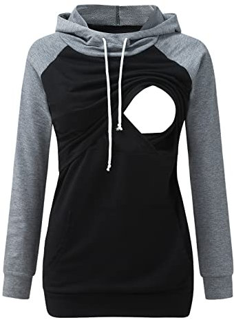 Sweat à capuche d'allaitement pour femme - Manches longues - Pull d'allaitement - T-shirt de grossesse - T-shirt pour femme enceinte - Pull d'hiver - Col en V, gris, M