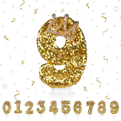 Geburtstagskerzen Krone Zahlen 9, Geburtstag gold Kerzen 9 Zahlen förmige Kerze, 3D Tortendeko, kuchen Dekoration für Geburtstag Party, Hochzeiten, Firmenfeiern, Jubiläen, Birthday Candle Nummer