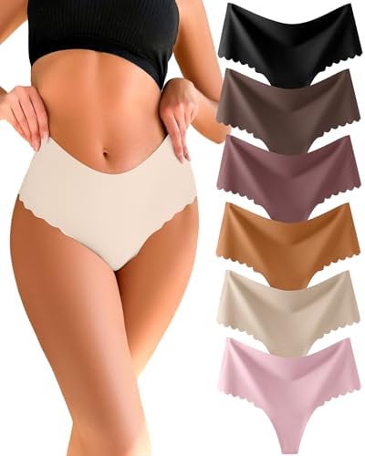 READY TO LOVE Lot de 6 strings sans couture pour femme - Taille haute - Sans couture - String - Taille haute - Invisible - Bords ondulés - Pour femme, (Noir, gris moka, fuchsia, jaune brique, abricot