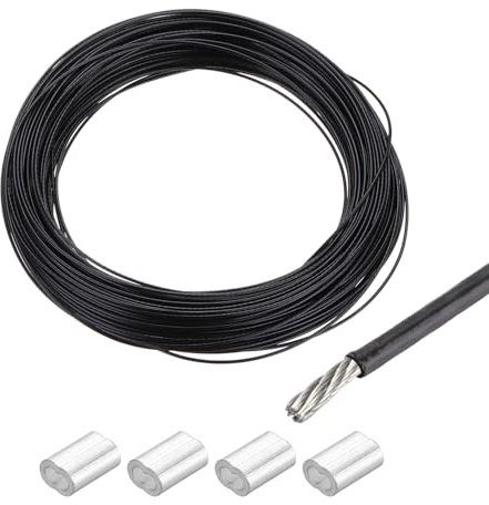 QUARKZMAN 66Ft(20M) Cavo Metallico Cavo in Acciaio Inossidabile 304 Rivestito in Vinile 1/32 (0,8mm) con 4pz Maniche in Alluminio per Appendere, Stendibiancheria, Sollevamento Nero