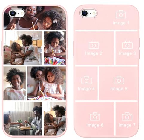 Yoedge Personalised Phone Case for iPhone 7 Plus/8 Plus 5.5 inch, Custom Photo Design Flexible Soft Silicone Customized Rubber Shockproof Cover, Personalize with 7 Image Collage for Girls Women, Pink