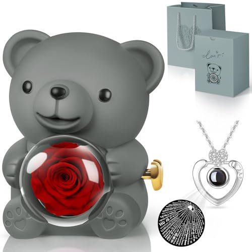 Hnustbo Gifts for Women, Preserved Real Rose Bear Gift Box with NecklaceI Love You, Eternal Rose Gifts for Her Girlfriend Mum Mother Wife Valentine's Day Mother's Day Christmas Birthday
