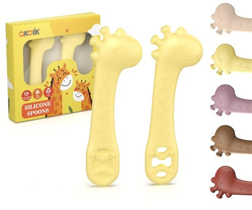akolik Cuillère Bébé Apprentissage, Cuillère Silicone Souple, Cuillères de Sevrage, Couverts bébé Design Girafe, Cuillère de Nourrissage et Anneau de Dentition 2 en 1, Adapté aux Bébés dès 4 6+ Mois