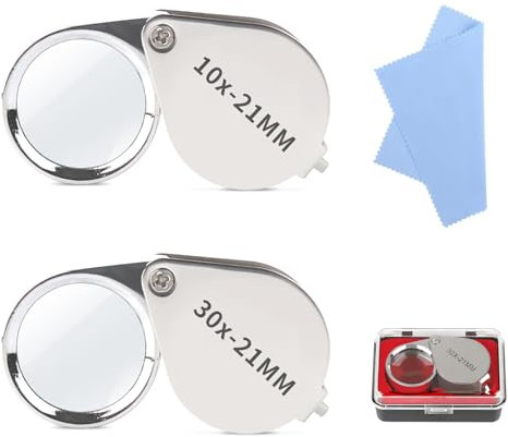 2 Stück Silber Metall Taschenlupe, 10x/30x Tragbare Lupe, Schmuck Lupe mit Etui Reinigungstuch, Hohe Vergrößerung Juwelier Lupe, Faltbare Lupe, Kompakt Taschenlupe für Edelsteine Diamanten Pflanzen