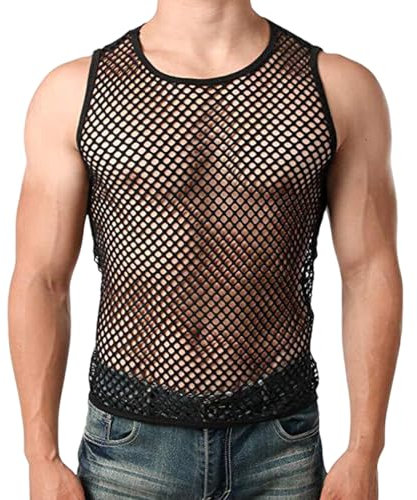 TUONYIS Herren Unterhemd Netzstruktur Herren Sexy Transparent T Shirt Tank Top Herren Muskel Transparent Shirts Herren Netzhemd ärmellos Netz Unterhemd Disco Party Kostüm Streetstyle (Schwarz)