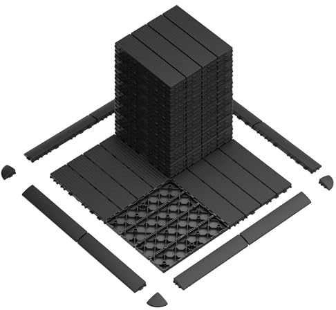 Nisorpa 44 Pack Interlocking Deck Tiles 12 x 12 Waterproof Plastic Patio Flooring for All Weather Use with Striped Patio Tile for Porches, Backyards