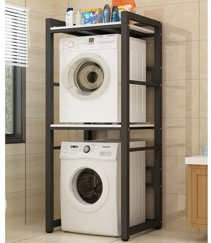 Innovz Double Washer Dryer Stacking Rack Steel Frame, Stackable Standing Storage Shelf for Stacking Washing Machine Tumble Dryer, Adjustable Height Wooden Countertop(Black)