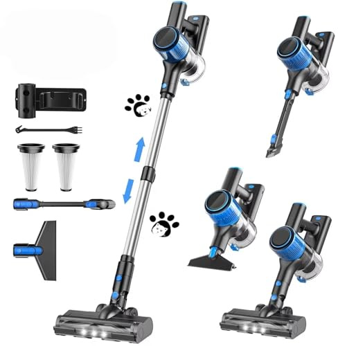 SUXIANGVAC Aspirateur sans fil 500 W, puissance d'aspiration 45 KPa, autonomie de 45 min, écran LED, brosse anti-enroulement – Idéal pour les sols, les tapis, les cheveux et la voiture, bleu