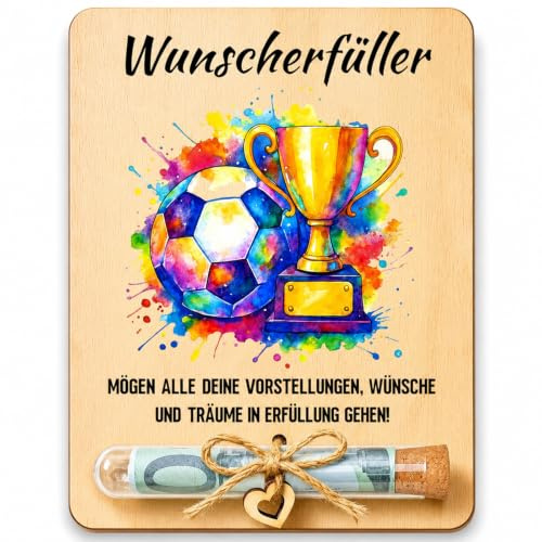 Fussball Geschenke Jungen, Holz-Geldgeschenk mit Reagenzglas und Korken | Fußball Geschenke Jungen für Fussballfans, Spardose Fußball für Geburtstag, Weihnachten, Jugendweihe und Fußballfans