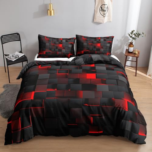 HOSIMA Technologie Würfel 3DMuster Bettwäsche,200 x 200 cm,Schwarz Rot,Bettwäsche-Set,1 Bettbezug,2 Kissenbezug,mit Reißverschluss,geeignet für Kinder,Jugendliche und Erwachsene