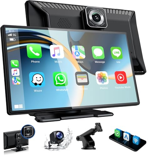 Volam Pantalla CarPlay de 9 Pulgadas on Apple Carplay y Android Auto Radio Portatil para Coche Compatible con 1080P HD Tarjeta TF de 64GB Camara Frontal Trasera Siri G00gle Mirror Link Bluetooth FM