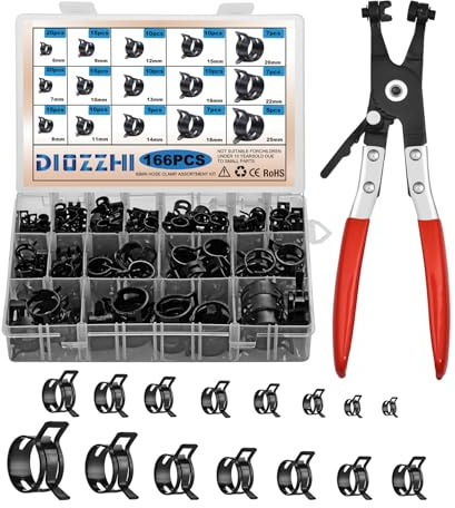 166-tlg. Schlauchschellen-Sortiment mit Kneifzange für Haushalt Industrie | Allround-Set, Rostschutz (Dacromet), 6-25mm, für Wasser, Luft, Kraftstoff, Vakuum, KFZ-Reparatur