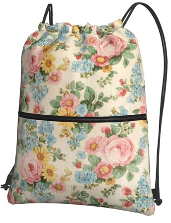 SMAZDFXX Damen- und Herren-Rucksack aus Stoff mit Blumenmuster, Kordelzug und Reißverschlusstasche