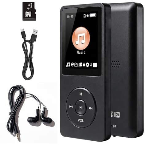 64GB MP3 Player, MP3-Player Bluetooth 5.0 mit 1,8 TFT-Farbbildschirm, Tragbarer Musik-Player mit Lautsprecher HiFi Musik E-Book Aufnahme Unterstützung bis zu 128 GB