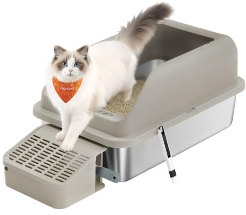 Feandrea Katzenklo Edelstahl XXL, mit Hohem Rand, Treppe und Schaufel | Offene Katzentoilette für Große Katzen, Geruchsneutral, 62 x 42 x 30 cm, Kaffeebraun, BOXAL Kollektion PPT008K101