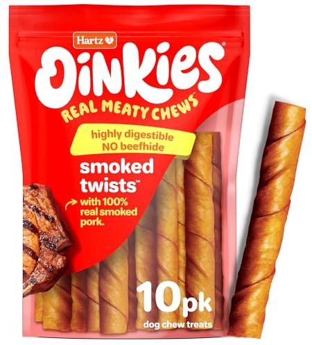HARTZ Oinkies Natural Smoked Pig Skin Twist Dog Treat Chews - 10 Pack