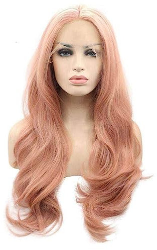 Xiweiya Rosa synthetische Perücke mit Spitzen-Front-Perücke für Frauen, goldfarben, rosafarbene Frisur, roségold, pastellrosa, Perücke für Mädchen, hitzebeständige 61cm