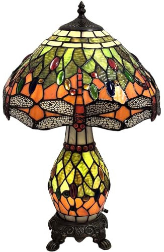 Bieye L30566 Libelle Tischlampe aus Buntglas im Tiffany-Stil mit 12 breitem Schirm für Wohnzimmer-Nachttisch-Heimdekoration, Orangegrün, 19 H