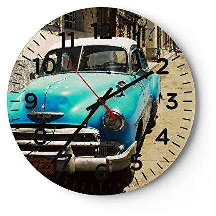 Modern Wanduhr Auto Klassiker Kuba Havanna 40x40cm Rund Groß Wand Uhr Glas Analog Zimmeruhren Küche Büro Wohnzimmer Glasuhr Wall Clock Dekoration Design Wanddekoration Küchenuhr C4AR40x40-1401