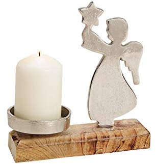 Belladecora Kerzenhalter aus Metall, Mango Holz Engel Dekor Silber (B/H/T) 19x18x5cm