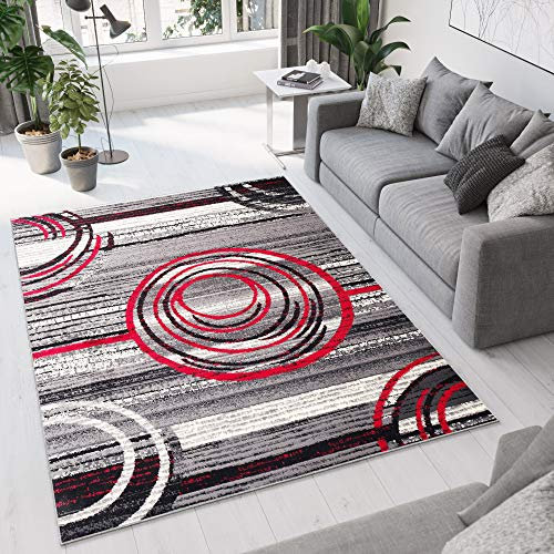 TAPISO Dream Teppich Wohnzimmer Schlafzimmer Kurzflor Modern Meliert Grau Creme Rot Kreise Streifen Design ÖKOTEX 250 x 350 cm