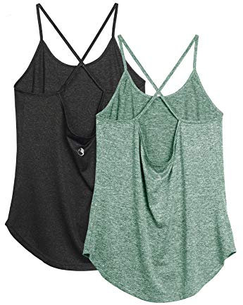 icyzone Damen Sport Shirt Yoga Rückenfrei Träger Top Gym Fitness Oberteile 2er Pack Sport Tank Top (S, Schwarz/Grün)