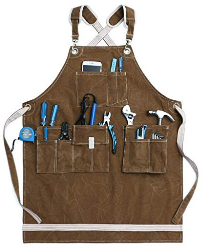 Jeanerlor Water-Resistant Work Aprons Heavy Duty Waxed Canvas Tool Apron, Coffee, Adjustable:L to XXXL