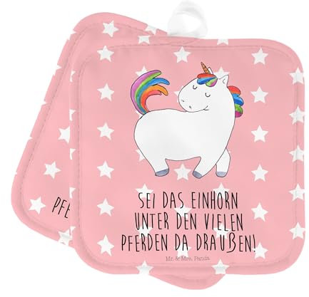 Mr. & Mrs. Panda 2er Set Topflappen Einhorn Stolzieren - Geschenk, Unicorn, Topfhandschuhe, Ofenhandschuh, Pferd, Einhörner, Reiter, Reiten,