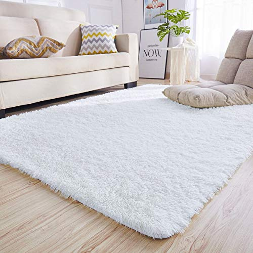 Calore Teppiche Schlafzimmer Flauschig Weicher Hochflor Teppich Anti-Rutsch-Teppich Wohnzimmer Moderne Teppiche Waschbarer (Weiß, 135 x 185 cm)