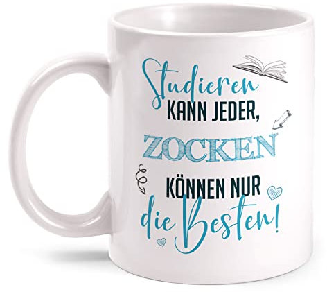 Fashionalarm Tasse Studieren kann jeder - Zocken | beidseitig Bedruckt mit Spruch & Motiv | Geschenk-Idee für Zocker Spieler Gaming Gamer, Weiß 330 ml