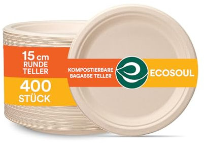 ECO SOUL Lot de 400 assiettes en carton compostables de 15,2 cm (400 pièces) - Assiettes à dessert jetables et respectueuses de l'environnement - Petites assiettes en bagasse de canne à sucre pour